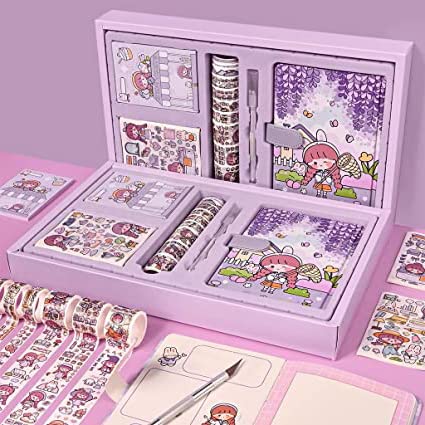 HASTHIP Cartoon Scrapbook Kit Gift Set Cute Theme Notebook Washi Tape Stickers Set Aesthetic Decorative Sticker Set for Bullet Journal, Scrapbook,Junk Journal, Paper HASTHIP Cartoon Scrapbook Kit Gift Set Cute Theme Notebook Washi Tape Stickers Set Aesthetic Decorative Sticker Set for Bullet Journal, Scrapbook,Junk Journal, Paper